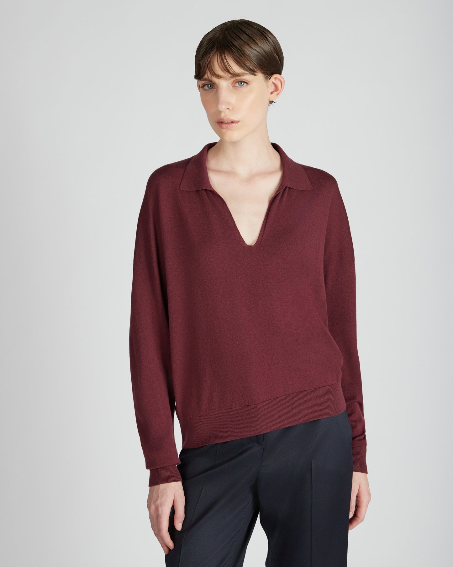 Wide fit V neck polo shirt in Flexwool